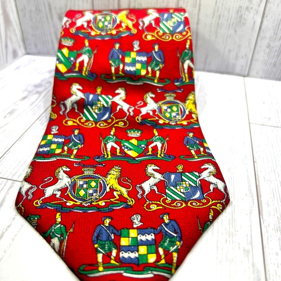 Tommy Hilfiger Vibrant Red Silk Tie Old English Scottish Print - Picture 1 of 6